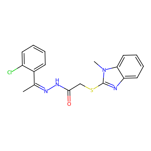 N-[(Z)-1-(2-chlorophenyl)ethylideneamino]-2-(1-methylbenzimidazol-2-yl)sulfanylacetamide structure