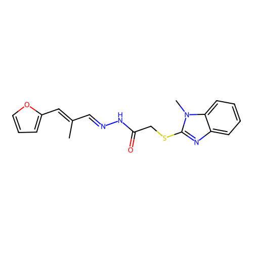 (1-Methyl-1H-benzoimidazol-2-ylsulfanyl)-acetic acid [(E)-3-furan-2-yl-2-methyl-prop-2-en-(E)-ylidene]-hydrazide structure