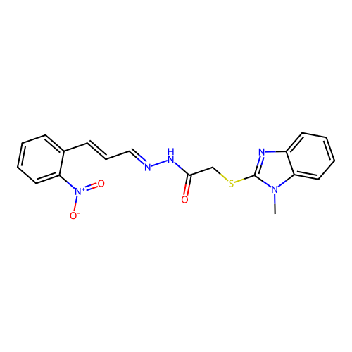 (1-Methyl-1H-benzoimidazol-2-ylsulfanyl)-acetic acid [(E)-3-(2-nitro-phenyl)-prop-2-en-(E)-ylidene]-hydrazide structure