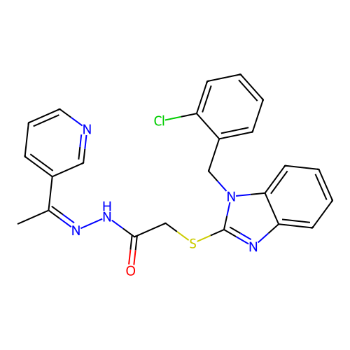 (Z)-2-((1-(2-chlorobenzyl)-1H-benzo[d]imidazol-2-yl)thio)-N'-(1-(pyridin-3-yl)ethylidene)acetohydrazide structure
