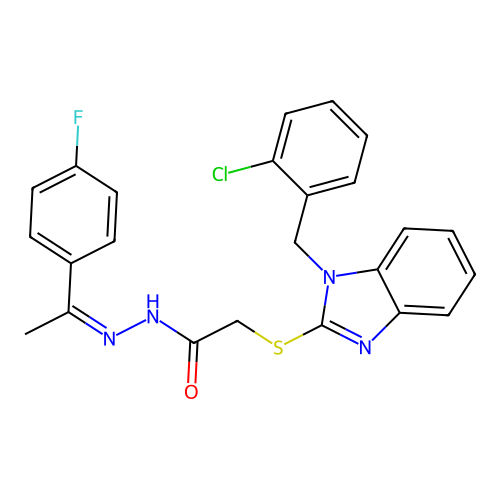 (Z)-2-((1-(2-chlorobenzyl)-1H-benzo[d]imidazol-2-yl)thio)-N'-(1-(4-fluorophenyl)ethylidene)acetohydrazide structure