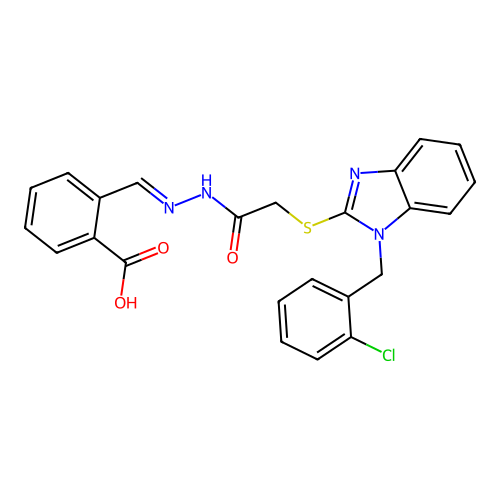 2-({2-[1-(2-Chloro-benzyl)-1H-benzoimidazol-2-ylsulfanyl]-acetyl}-hydrazonomethyl)-benzoic acid structure