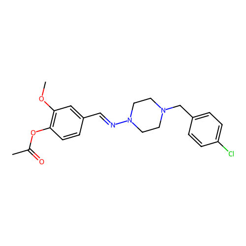 (E)-4-(((4-(4-chlorobenzyl)piperazin-1-yl)imino)methyl)-2-methoxyphenyl acetate structure