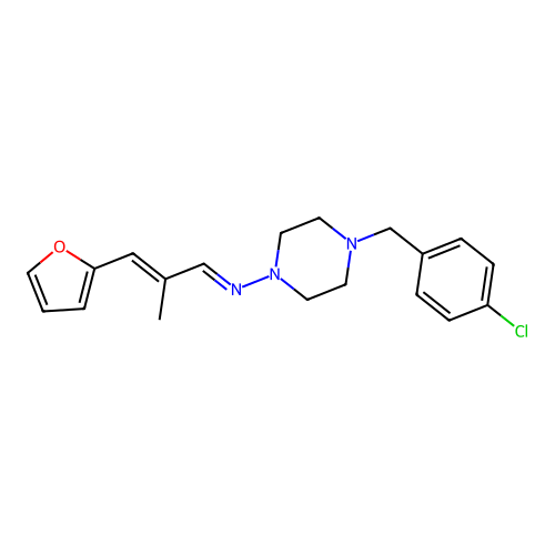 (E)-4-(4-chlorobenzyl)-N-((E)-3-(furan-2-yl)-2-methylallylidene)piperazin-1-amine structure