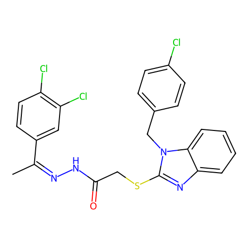 (Z)-2-((1-(4-chlorobenzyl)-1H-benzo[d]imidazol-2-yl)thio)-N'-(1-(3,4-dichlorophenyl)ethylidene)acetohydrazide structure
