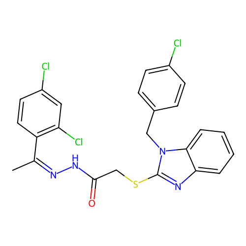 (Z)-2-((1-(4-chlorobenzyl)-1H-benzo[d]imidazol-2-yl)thio)-N'-(1-(2,4-dichlorophenyl)ethylidene)acetohydrazide structure