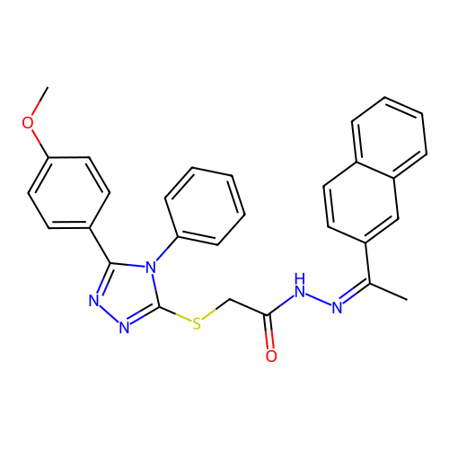 (Z)-2-((5-(4-methoxyphenyl)-4-phenyl-4H-1,2,4-triazol-3-yl)thio)-N'-(1-(naphthalen-2-yl)ethylidene)acetohydrazide structure