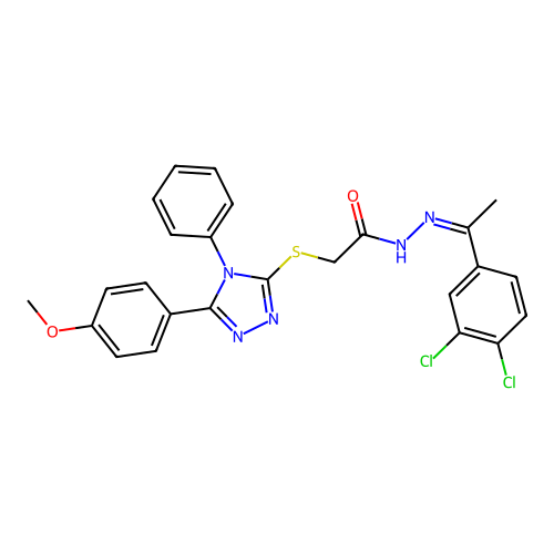 (Z)-N'-(1-(3,4-dichlorophenyl)ethylidene)-2-((5-(4-methoxyphenyl)-4-phenyl-4H-1,2,4-triazol-3-yl)thio)acetohydrazide structure