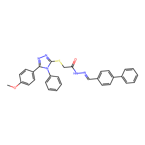 (E)-N'-([1,1'-biphenyl]-4-ylmethylene)-2-((5-(4-methoxyphenyl)-4-phenyl-4H-1,2,4-triazol-3-yl)thio)acetohydrazide structure