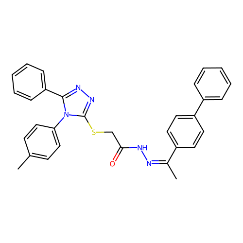 (Z)-N'-(1-([1,1'-biphenyl]-4-yl)ethylidene)-2-((5-phenyl-4-(p-tolyl)-4H-1,2,4-triazol-3-yl)thio)acetohydrazide structure