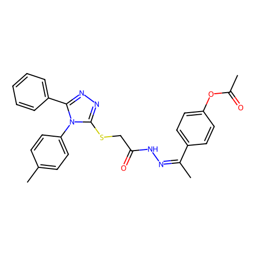 (Z)-4-(1-(2-(2-((5-phenyl-4-(p-tolyl)-4H-1,2,4-triazol-3-yl)thio)acetyl)hydrazono)ethyl)phenyl acetate structure