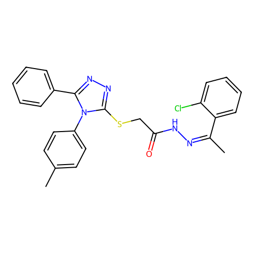 (Z)-N'-(1-(2-chlorophenyl)ethylidene)-2-((5-phenyl-4-(p-tolyl)-4H-1,2,4-triazol-3-yl)thio)acetohydrazide structure
