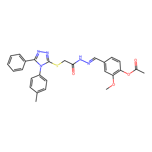 (E)-2-methoxy-4-((2-(2-((5-phenyl-4-(p-tolyl)-4H-1,2,4-triazol-3-yl)thio)acetyl)hydrazono)methyl)phenyl acetate structure