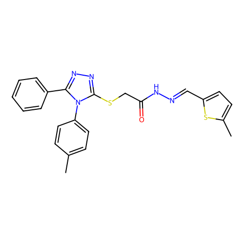 (5-Phenyl-4-p-tolyl-4H-[1,2,4]triazol-3-ylsulfanyl)-acetic acid [1-(5-methyl-thiophen-2-yl)-meth-(E)-ylidene]-hydrazide structure