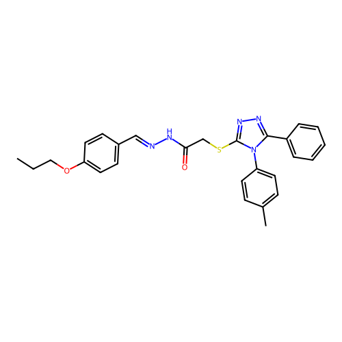 (E)-2-((5-phenyl-4-(p-tolyl)-4H-1,2,4-triazol-3-yl)thio)-N'-(4-propoxybenzylidene)acetohydrazide structure