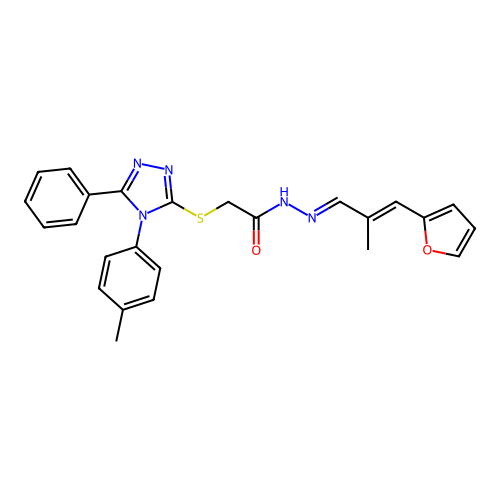 (E)-N'-((E)-3-(furan-2-yl)-2-methylallylidene)-2-((5-phenyl-4-(p-tolyl)-4H-1,2,4-triazol-3-yl)thio)acetohydrazide structure