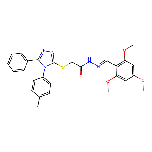 (E)-2-((5-phenyl-4-(p-tolyl)-4H-1,2,4-triazol-3-yl)thio)-N'-(2,4,6-trimethoxybenzylidene)acetohydrazide structure