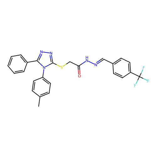 (E)-2-((5-phenyl-4-(p-tolyl)-4H-1,2,4-triazol-3-yl)thio)-N'-(4-(trifluoromethyl)benzylidene)acetohydrazide structure