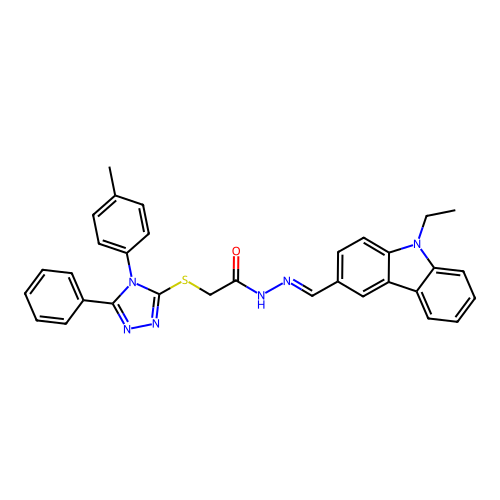 (E)-N'-((9-ethyl-9H-carbazol-3-yl)methylene)-2-((5-phenyl-4-(p-tolyl)-4H-1,2,4-triazol-3-yl)thio)acetohydrazide structure