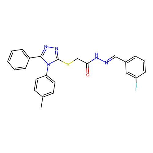 (E)-N'-(3-fluorobenzylidene)-2-((5-phenyl-4-(p-tolyl)-4H-1,2,4-triazol-3-yl)thio)acetohydrazide structure