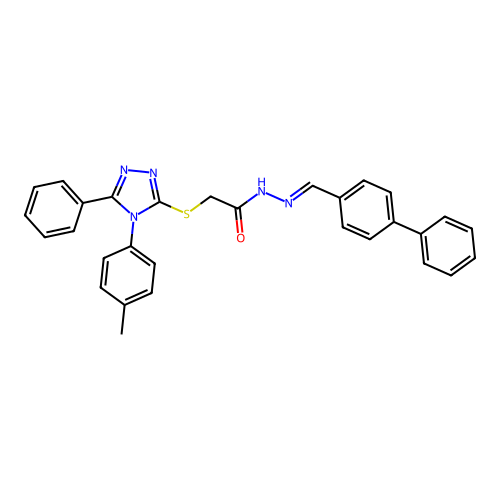 (E)-N'-([1,1'-biphenyl]-4-ylmethylene)-2-((5-phenyl-4-(p-tolyl)-4H-1,2,4-triazol-3-yl)thio)acetohydrazide structure