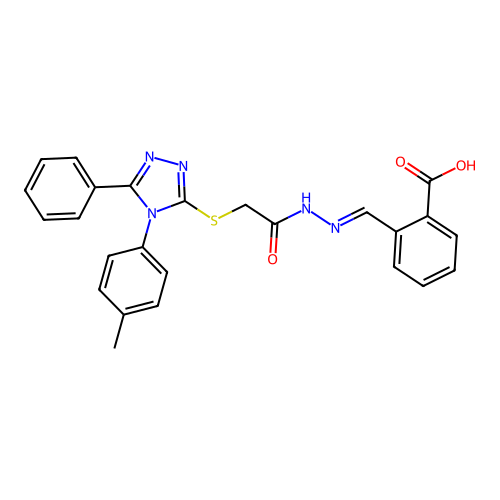 (E)-2-((2-(2-((5-phenyl-4-(p-tolyl)-4H-1,2,4-triazol-3-yl)thio)acetyl)hydrazono)methyl)benzoic acid structure