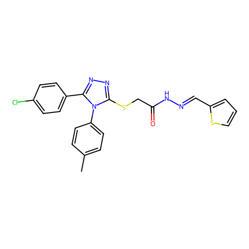(E)-2-((5-(4-chlorophenyl)-4-(p-tolyl)-4H-1,2,4-triazol-3-yl)thio)-N'-(thiophen-2-ylmethylene)acetohydrazide structure