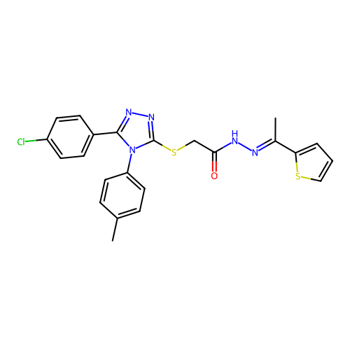 2-[[5-(4-chlorophenyl)-4-(4-methylphenyl)-1,2,4-triazol-3-yl]sulfanyl]-N-[(Z)-1-thiophen-2-ylethylideneamino]acetamide structure