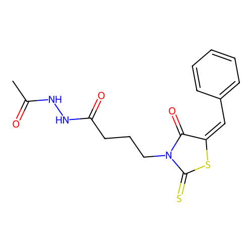 (E)-N'-acetyl-4-(5-benzylidene-4-oxo-2-thioxothiazolidin-3-yl)butanehydrazide structure