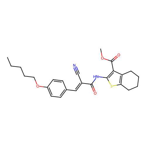(E)-methyl 2-(2-cyano-3-(4-(pentyloxy)phenyl)acrylamido)-4,5,6,7-tetrahydrobenzo[b]thiophene-3-carboxylate structure