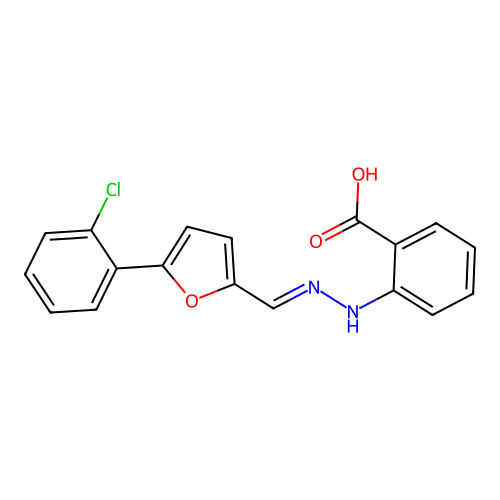 2-[(2E)-2-{[5-(2-chlorophenyl)furan-2-yl]methylidene}hydrazinyl]benzoic acid structure
