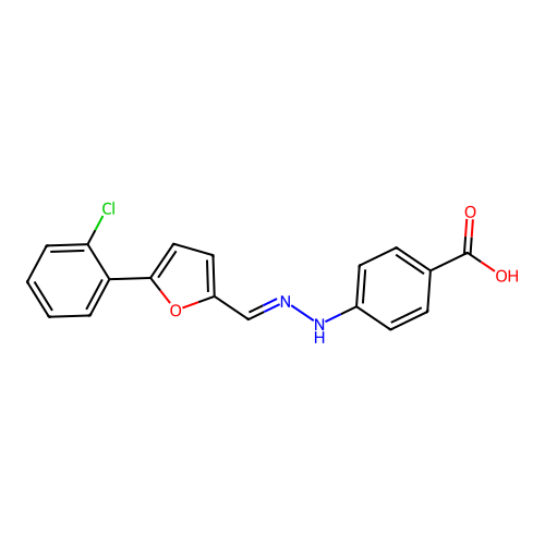4-[(2E)-2-{[5-(2-chlorophenyl)furan-2-yl]methylidene}hydrazinyl]benzoic acid structure