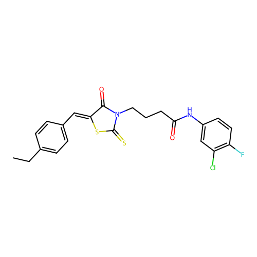 (Z)-N-(3-chloro-4-fluorophenyl)-4-(5-(4-ethylbenzylidene)-4-oxo-2-thioxothiazolidin-3-yl)butanamide structure