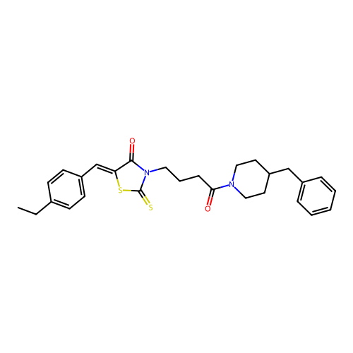 (5Z)-3-[4-(4-benzylpiperidin-1-yl)-4-oxobutyl]-5-(4-ethylbenzylidene)-2-thioxo-1,3-thiazolidin-4-one structure