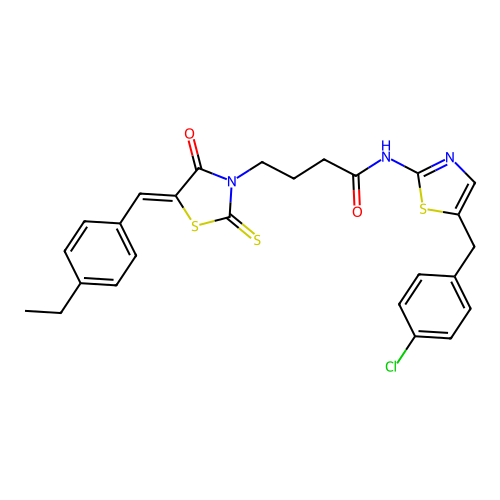 (Z)-N-(5-(4-chlorobenzyl)thiazol-2-yl)-4-(5-(4-ethylbenzylidene)-4-oxo-2-thioxothiazolidin-3-yl)butanamide structure