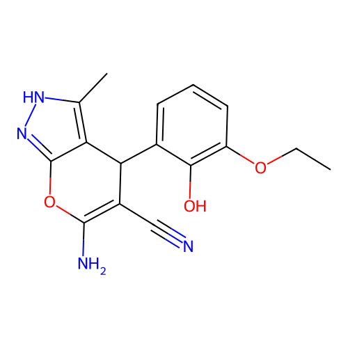6-amino-4-(3-ethoxy-2-hydroxyphenyl)-3-methyl-1,4-dihydropyrano[2,3-c]pyrazole-5-carbonitrile structure