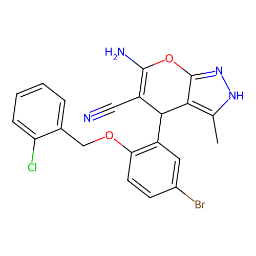 6-amino-4-{5-bromo-2-[(2-chlorobenzyl)oxy]phenyl}-3-methyl-1,4-dihydropyrano[2,3-c]pyrazole-5-carbonitrile structure