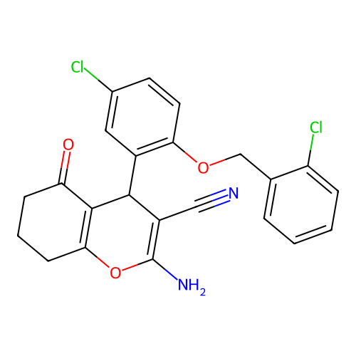 2-amino-4-(5-chloro-2-((2-chlorobenzyl)oxy)phenyl)-5-oxo-5,6,7,8-tetrahydro-4H-chromene-3-carbonitrile structure