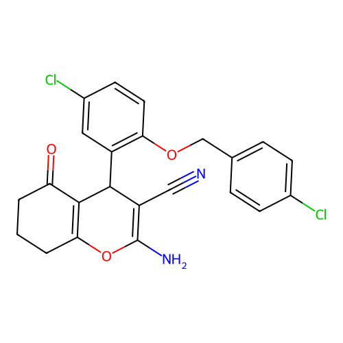 2-amino-4-{5-chloro-2-[(4-chlorobenzyl)oxy]phenyl}-5-oxo-5,6,7,8-tetrahydro-4H-chromene-3-carbonitrile structure