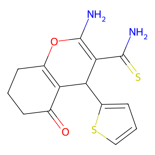 2-amino-5-oxo-4-(thiophen-2-yl)-5,6,7,8-tetrahydro-4H-chromene-3-carbothioamide structure