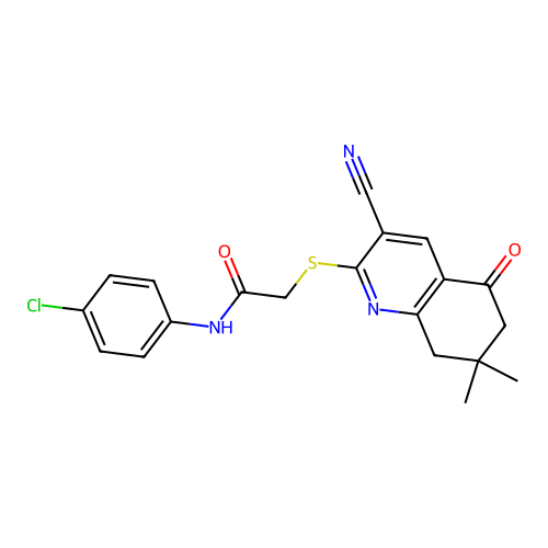 N-(4-chlorophenyl)-2-(3-cyano-7,7-dimethyl-5-oxo(2-6,7,8-trihydroquinolylthio) )acetamide structure