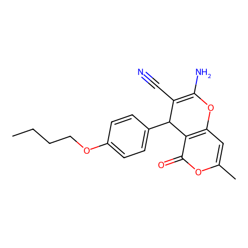 2-amino-4-(4-butoxyphenyl)-7-methyl-5-oxo-4H-pyrano[3,2-c]pyran-3-carbonitrile structure