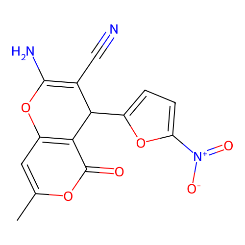 2-amino-7-methyl-4-(5-nitro-2-furanyl)-5-oxo-4H-pyrano[3,2-c]pyran-3-carbonitrile structure