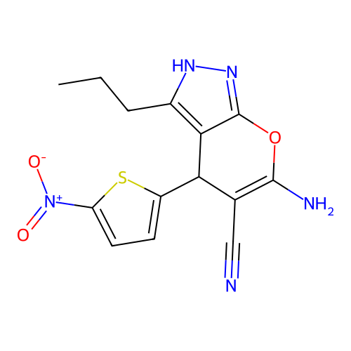 6-amino-4-(5-nitrothiophen-2-yl)-3-propyl-1,4-dihydropyrano[2,3-c]pyrazole-5-carbonitrile structure