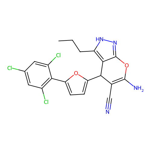 6-amino-3-propyl-4-[5-(2,4,6-trichlorophenyl)furan-2-yl]-1,4-dihydropyrano[2,3-c]pyrazole-5-carbonitrile structure