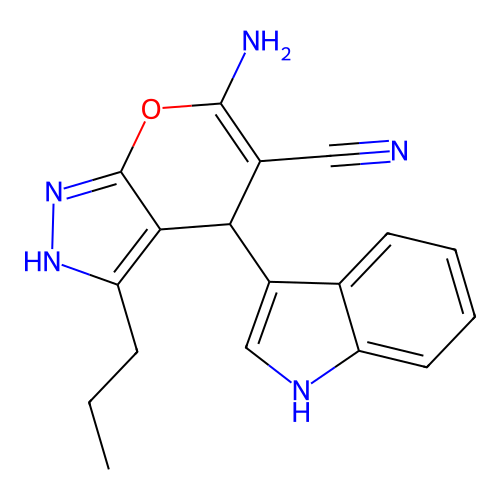 6-amino-4-(1H-indol-3-yl)-3-propyl-1,4-dihydropyrano[2,3-c]pyrazole-5-carbonitrile structure