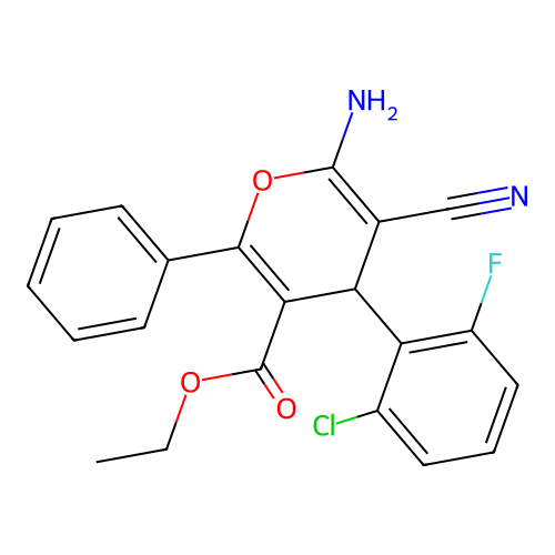 ethyl 6-amino-4-(2-chloro-6-fluorophenyl)-5-cyano-2-phenyl-4H-pyran-3-carboxylate structure