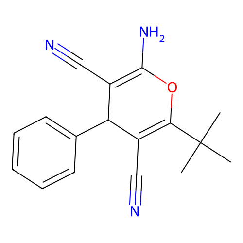 2-amino-6-tert-butyl-4-phenyl-4H-pyran-3,5-dicarbonitrile structure