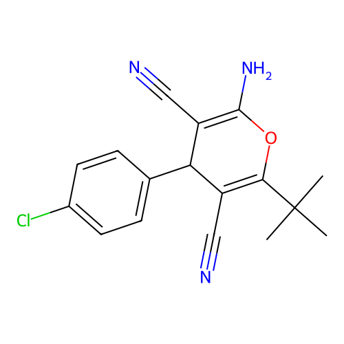 2-amino-6-tert-butyl-4-(4-chlorophenyl)-4H-pyran-3,5-dicarbonitrile structure
