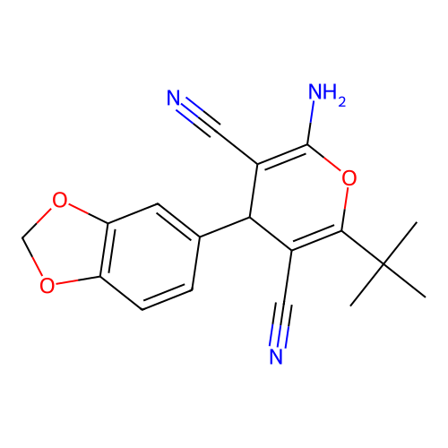 2-amino-4-(1,3-benzodioxol-5-yl)-6-tert-butyl-4H-pyran-3,5-dicarbonitrile structure